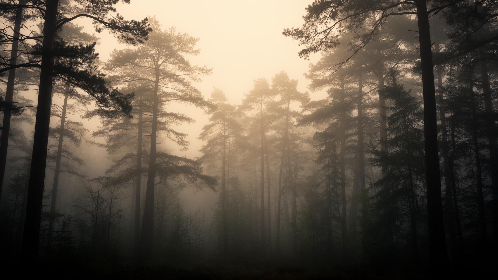 A pine forest at dawn, soft mist drifting between trunks.